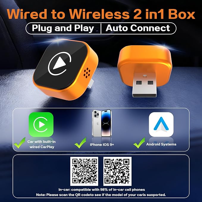 2026 Wireless CarPlay Adapter for iPhone,2 in 1 for Apple Carplay and Android Auto Adapter,Mini carplay Wireless Adapter Convert Wired to Wireless, Plug & Play, USB to USB-C/Type-C (Orange)