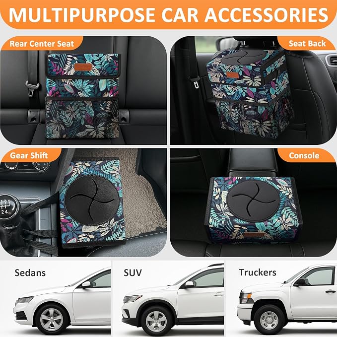 Vankor 3 Gallons Car Trash Can with Lid, Bag Bin Hanging Waterproof Automotive Car Garbage Cans Leak Proof Vehicle Trash Can for Truck SUV,Colorful Leaves