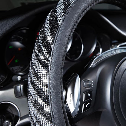 CAR PASS Bling Diamond Leather Steering Wheel Cover, with Bling Sparkly Crystal Glitter Rhinestone Universal Fit 14" 1/2-15" Car Wheel Protector Fit for Women Girl SUV,Vans,Sedans,Trucks, Zebra Print