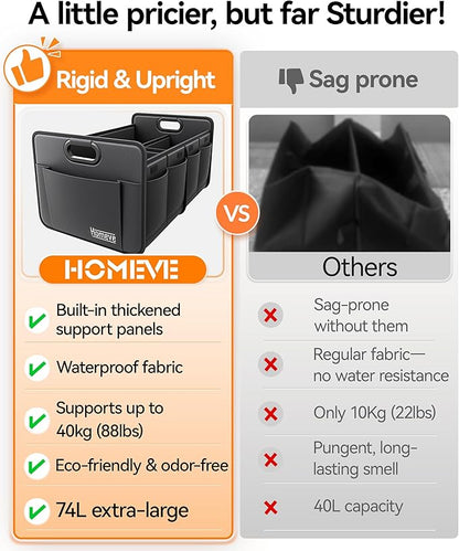 Homeve Car Trunk Organizer for SUV, 15.5Gal Large Capacity No-Sag Heavy Duty, Foldable Waterproof Anti-Slip Storage with 12 Pockets, Fit Sedan,Truck, Universal Car Accessories, Black, 2 Compart,Medium