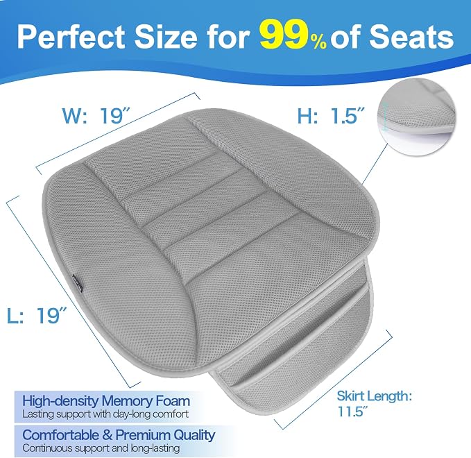 Lofty Aim Premium Car Seat Cushion, Driver Cushion with Comfort Memory Foam & Non-Slip Rubber Bottom, Car Seat Pad Works with 95% of Vehicles and Office Chair or Home - 4D Gray