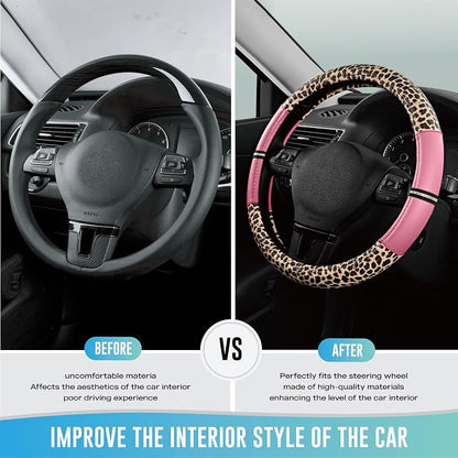 Road Comforts Leopard Steering Wheel Cover for Women, Cute Anti-Slip Microfiber Leather, Universal Fit 14.5-15 Inch Round Steering Wheel - Pink
