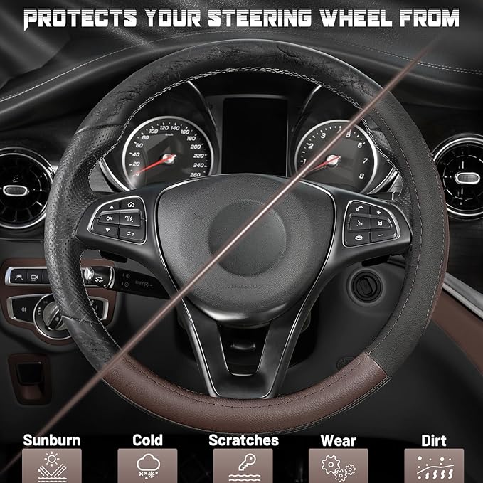 SEG Direct Steering Wheel Cover for Car, Standard Size 14.5-15 inch, Auto Interior Accessories, Black and Dark Brown