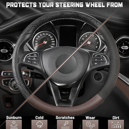 SEG Direct Steering Wheel Cover for Car, Standard Size 14.5-15 inch, Auto Interior Accessories, Black and Dark Brown