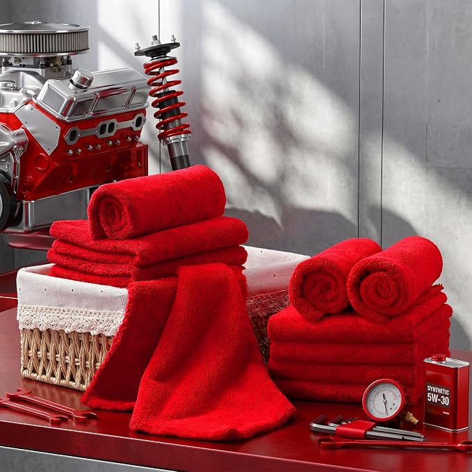 Shimeyao 30 Pcs 12.5 × 12.5 Inch Edgeless Microfiber Plush Towels for Cars Detailing Drying Wash Polishing Absorbent Cleaning Cloths, 500 GSM (Red)