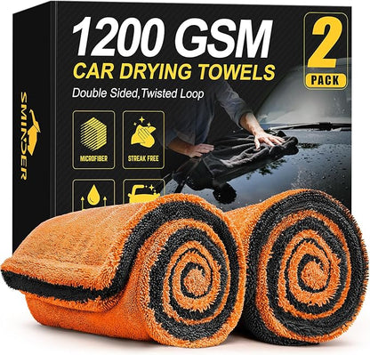 SMINDER 2-Pack 1200 GSM Car Drying Towels – Microfiber Towels for Cars (36" x 24"), Ultra-Absorbent, Streak-Free, Scratch-Free, No Water Spots, Double-Twist Pile & Edgeless Design(Orange)