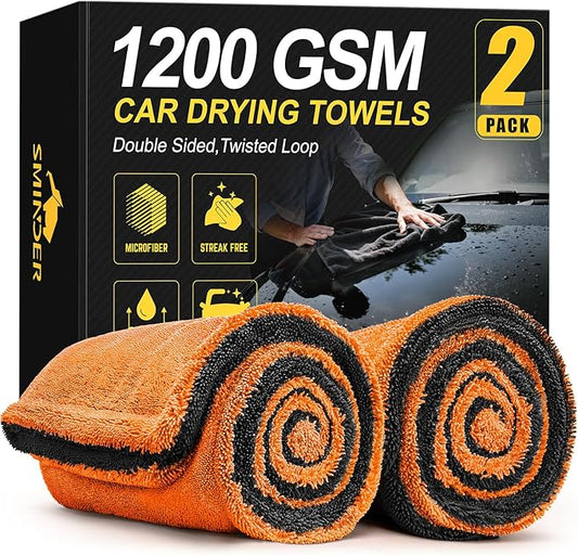 SMINDER 2-Pack 1200 GSM Car Drying Towels – Microfiber Towels for Cars (36" x 24"), Ultra-Absorbent, Streak-Free, Scratch-Free, No Water Spots, Double-Twist Pile & Edgeless Design(Orange)