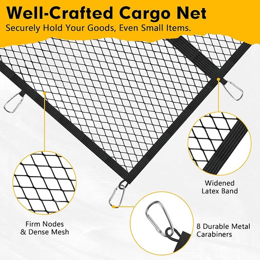 Cargo Net for Pickup Truck Bed 4'×4' Stretches to 7'×7', Highly Elastic Truck Bed Net with Fine Mesh & 8 Strong Metal Carabiners, Easy to Install Cargo Netting for Vehicles, Trailers, Boats