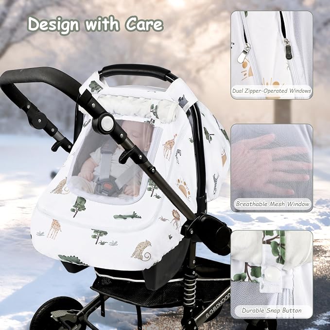 Winter Car Seat Cover Baby with Sunshade & Dual Zipper Windows - Minky Bubble Lined Windproof Soft Shell, Warm Newborn Car Seat Canopy Covers, Elastic Bottom for Stroller & Infant Car Seat, Animal