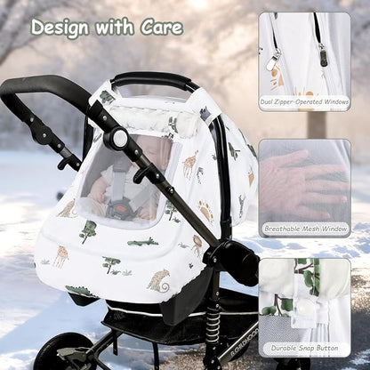 Winter Car Seat Cover Baby with Sunshade & Dual Zipper Windows - Minky Bubble Lined Windproof Soft Shell, Warm Newborn Car Seat Canopy Covers, Elastic Bottom for Stroller & Infant Car Seat, Animal