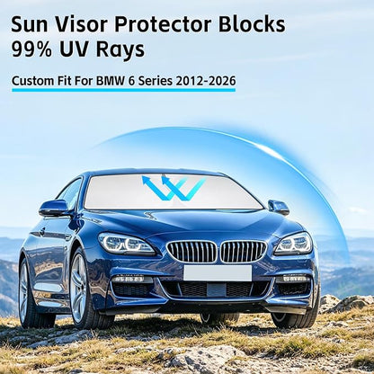 Windshield Sun Shade for BMW 6 Series 2012-2026 Sunshade 300T Windshield Cover Shield Protector Blocks UV Rays Custom Fit 6 Series Front Window Shade Windshield Accessories Keep Cool Foldable