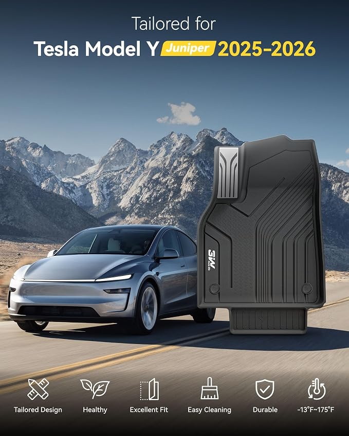 3W 2025 2026 Tesla Model Y Juniper Floor Mats with Rear Cargo Mat & Backrest Mat TPE Anti-Slip All Weather Accessories, Vigormold™