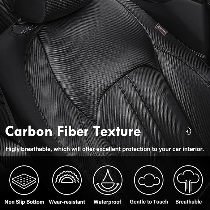 Coverado Leather Car Seat Covers Full Set & Carbon Fiber, Waterproof and Durable All Weather Protector, Universal Fit for SUV, Pickup Truck, Sedan, Automotive Vehicle Interior, Black