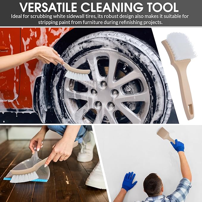 Nanoskin 8.5 Inch Multi-Purpose White Nylon Utility Scrub Brush - Ideal for Automotive Detailing, White Sidewall Tire Cleaning, Furniture Paint Stripping | Heavy Duty Nylon Bristles, Ergonomic Handle