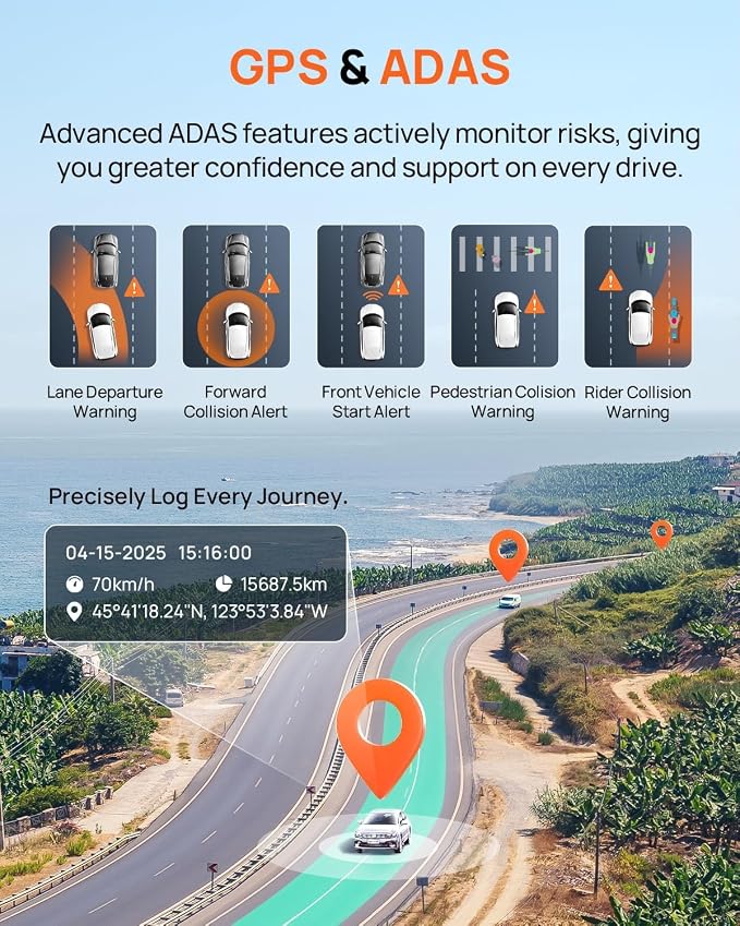 70mai 4K Dash Cam Front and Rear, Built in Wi-Fi 6 & GPS Car Camera, Super Night Vision, ADAS, 3'' IPS Screen, 24H Parking Mode, Time-Lapse, Loop Recording, with 128GB Card (A800SE)