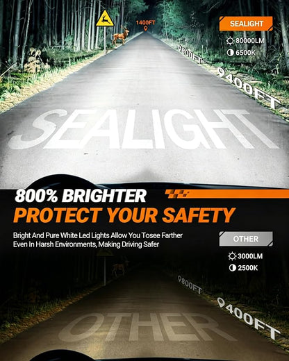 SEALIGHT 9005 H11 LED Bulbs Combo, 80000LM 10X Super Bright 6500K White, HB3 H8/H9/H16 Fog Headlight, 1:1 Real Size Plug-N-Play Pack of 4