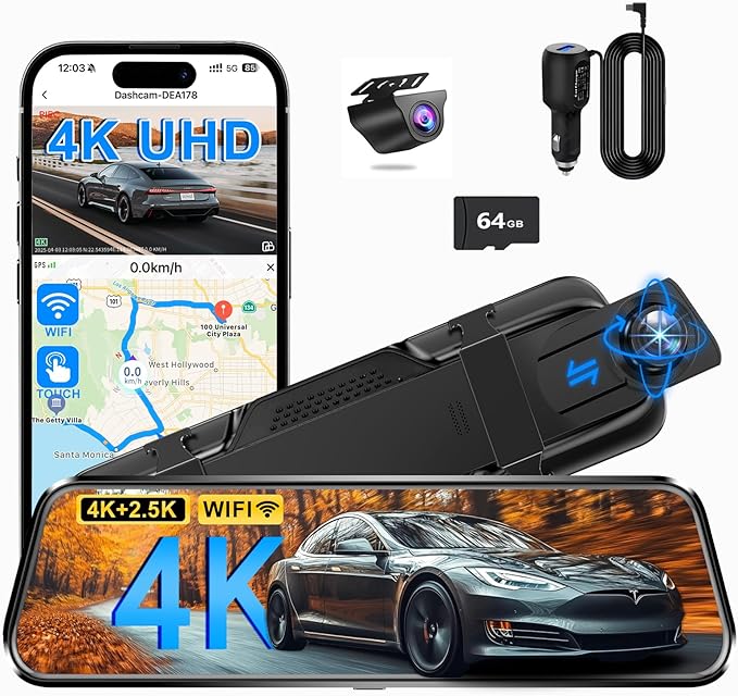 Mirror Dual Dash Camera for Car, Dashcam 4K Front 2.5K IMX335 Rear View/ADAS BSD LCA Wi-Fi&APP WDR Night Vision G-Sensor Loop Recording Parking Monitor 64GB Card