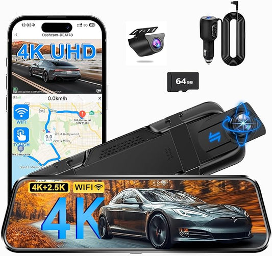 Mirror Dual Dash Camera for Car, Dashcam 4K Front 2.5K IMX335 Rear View/ADAS BSD LCA Wi-Fi&APP WDR Night Vision G-Sensor Loop Recording Parking Monitor 64GB Card