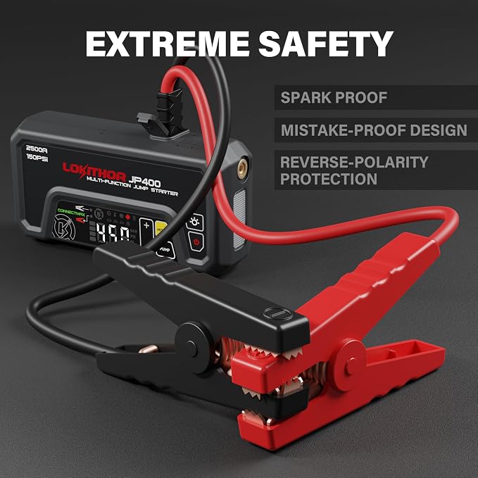 LOKITHOR JP400 Jump Starter with Air Compressor, 2500A 12V Car Battery Jumper Starter Portable (8.5L Gas/6.5L Diesel) Jump Box for Car Battery with ConnectMax, 150PSI Tire Inflator, Jumper Cables