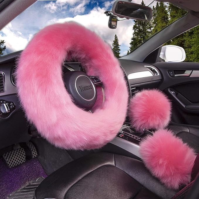 Yontree Fashion Fluffy Steering Wheel Covers for Women/Girls/Ladies/Men Australia Pure Wool Universal 15 Inch 1 Set 3 Pcs (Pink)