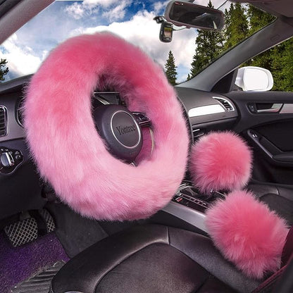 Yontree Fashion Fluffy Steering Wheel Covers for Women/Girls/Ladies/Men Australia Pure Wool Universal 15 Inch 1 Set 3 Pcs (Pink)