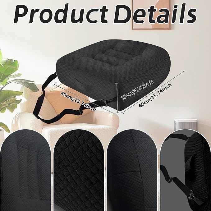 Car Booster Bandage Seat Cushion for Short Adults Thick Breathable Mesh Height Adjustable for Driving, Office & Home Use Universal Fit for Cars, Trucks & Wheelchairs 15.7"x15.7"x4.7"-Black