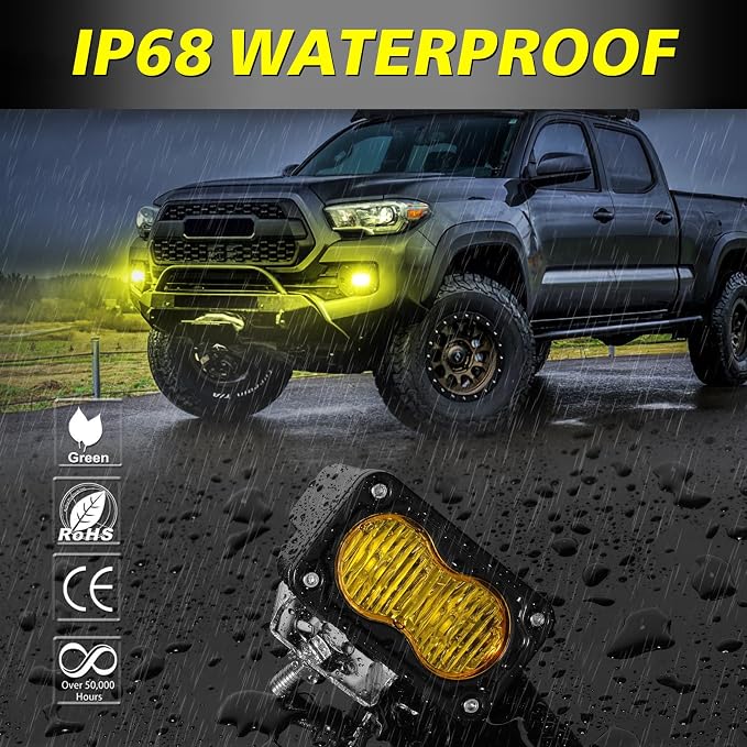 Yellow LED Pods, AKD Part 3 Inch Flood CREE LED Fog Lights 40W Yellow Small Chase Pod Lights Ditch Lights Off Road Driving Lights 2 Packs for Dirt Bike Motorcycle Truck UTV ATV SUV Surron