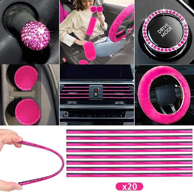 ROCEEI 43 Pcs Car Seat Cover Full Set for Women Christmas Fuzzy Car Accessories Fluffy Steering Wheel Cover Front Rear & Belt Handbrake Shift Accessory for Winter (Rose Red)