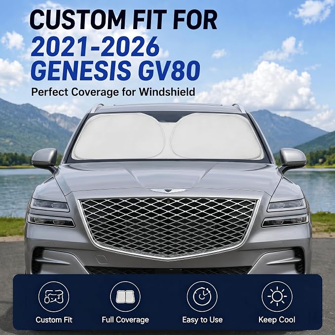 Custom Fit Windshield Sun Shade for Genesis GV80 2021-2026 | Custom Fit Windshield Cover, Blocks UV Rays, Double-Layer Heat Shield, Durable Frame, Easy Fold & Storage
