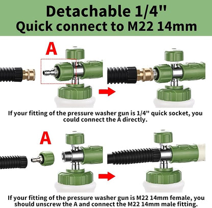 FENG PAI Pressure Washer Foam Cannon with Dual-Connector Accessory & 7 Power Washer Sprayer Nozzles, Double Tip Attachment For Soap Cannon, 1/4" Quick Connect, 3600 PSI, White Bottle