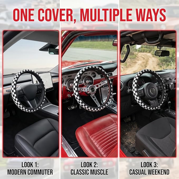 Black and White Checkered Steering Wheel Cover Universal 14.5-15 Inch Anti-Slip Breathable with 2 Pieces Car Coasters for Men Women Checkered Car Accessories Decorate