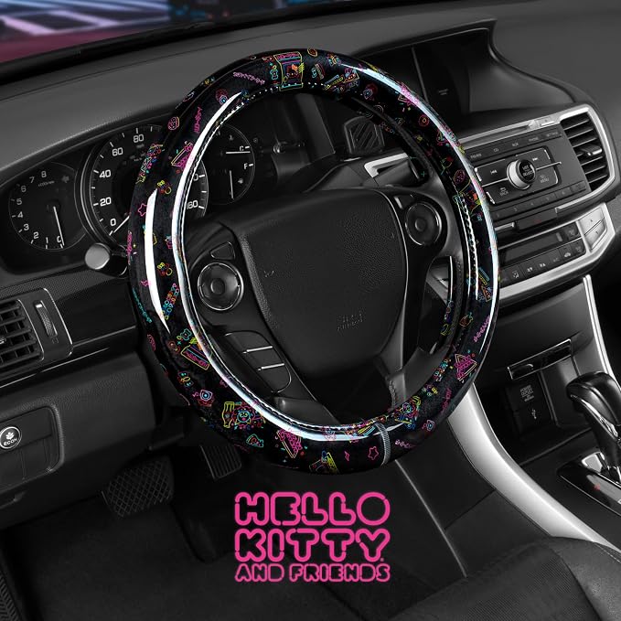Hello Kitty Steering Wheel Cover, Official Sanrio Car Steering Wheel Cover with Universal Size 14.5-15, Cute Black Hello Kitty Car Accessories for Women (Hello Kitty Kawaii Arcade)