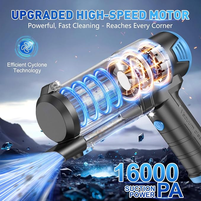 KMM Handheld Car Vacuum Cleaner, 16000PA Air Duster & Vacuum Cleaner, 120W High Power Hand Held Vacuum Cordless, Portable Vacuum Rechargeable with Multi-Nozzles & LED Light for Car, Home, Pet, Office
