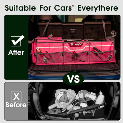 SugarFox Car Trunk Organizer for SUV, Heavy Duty Waterproof Trunk Organizer, Foldable Collapsible Car Organizer with Cooler, Multi-Compartment Large Trunk Organizer (95L), Pink-M003