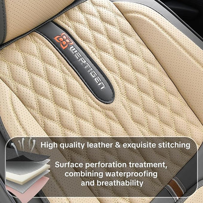 Khaki Car Seat Cover Complete Set, Universal Car Seat Cover for Car with Lumbar Support, Premium Artificial Leather, Waterproof and Easy to Clean, Airbag Compatible, Seat Heating Compatible