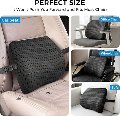 Lumbar Support Pillow for Car & Office Chair - High-Density Memory Foam Back Cushion for Sciatica & Lower Back Pain Relief - Non-Slip Support for Long Commutes & Desk Workers (4D Mesh Black)