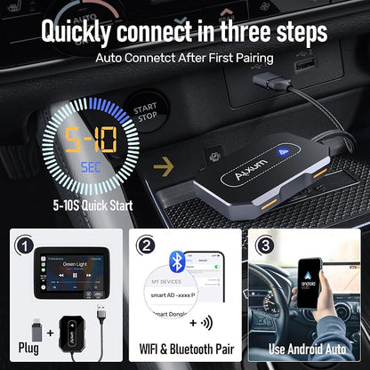 Alxum Wireless AA Adapter - Convert Wired to Wireless for Android Auto, Dual Connection Design, Online Upgrade Only, Supports AA 12+