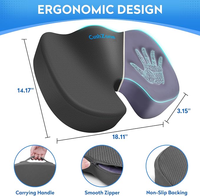 CushZone Seat Cushion, Office Chair Cushions, Car Seat Cushion, Non-Slip Sciatica & Back Coccyx Tailbone Pain Relief Chair Pad, Memory Foam Butt Pillow for Computer Desk, Wheelchair, Driving (Grey)