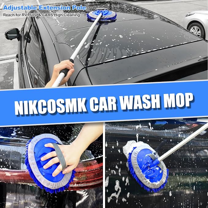 62'' Car Wash Brush with Long Handle, Car Wash Kit with Tire Brush, Tower, Window Squeegee, Chenille Microfiber Car Wash Mop Mitt, Car Cleaning Brush Kit Supplies for Car, Truck, SUV, RV
