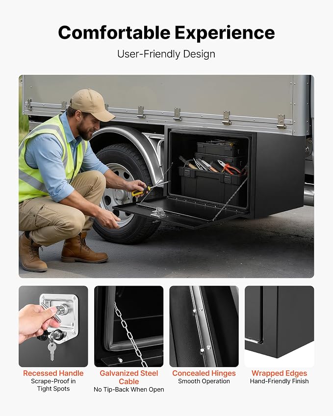 VEVOR Underbody Truck Tool Box, 36 x 24 x 24 Inch Heavy Duty Steel Trailer Storage Box with Lock & Keys, Waterproof Trailer Storage Organizer Under Body Chest with T-Handle for Truck, Van, SUV, Black