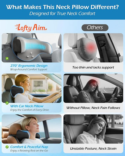 Lofty Aim Car Neck Pillow: 2 Pack Ergonomic Memory Foam Headrest Pillow for Driving, Adjustable Neck Support Cushion for Pain Relief, Head Rest Pillows for Car Seat, Truck - Gray & Black