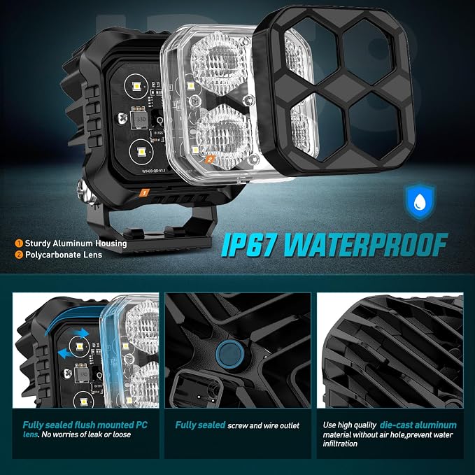 Nilight LED Pod Light 2 PCS 2.8 Inch 20 W 4 LED Square Hyper Flood Beam Driving Offroad Lights w/18AWG Rocker Switch Wiring Harness Kit for Truck Motorbike Boat ATV UTV SUV