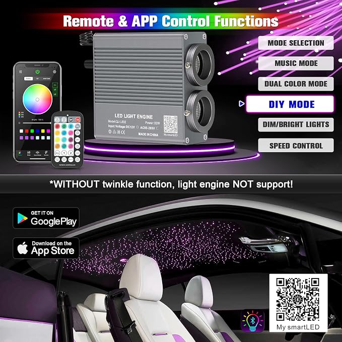 32W Starlight Headliner Kit, Star Lights for Car Roof&Home Decoration, Fiber Cable 1000pcs*0.03in*13.1ft RGBW Star Light Headliner with Bluetooth APP/Remote Control/Music Mode