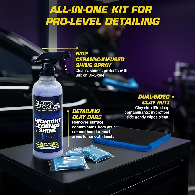 Nobu's Garage - Clay Mitt & Clay Bars Auto Detailing Kit with Waterless Car Wash Ceramic Detail Spray - Car Detail Spray & Lubricant, Quick Detailer Cleaner & Luber - Automotive Claybar Glove