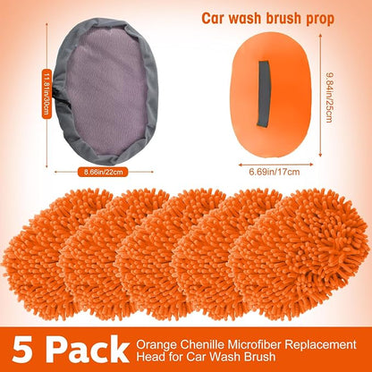 Layhit 5 Pcs Car Wash Mitt Set, Brush Not Included, Microfiber Mitt Cleaning Car Truck Washing Tools Kit RV Pickup Chenille Scratch Replacement (Orange)