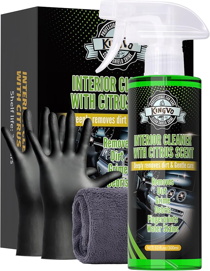 Car Interior Cleaner Spray, Multipurpose Leather Seat Cleaner Upholstery Car Cleaning Kit with Citrus Flavor Auto Dashboard Vinyl Detailing Supplies Kit,10 OZ