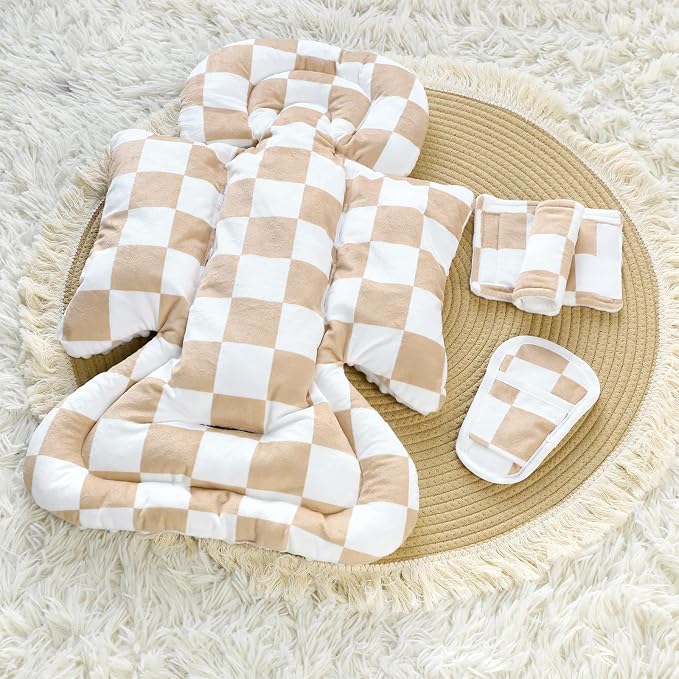 DILIMI Infant Car Seat Insert, Baby Car Seat Head Support with 3 Strap Paddings, Soft Newborn Car Seat Cushion for Stroller, Swing, Bouncers, Brown Checkered