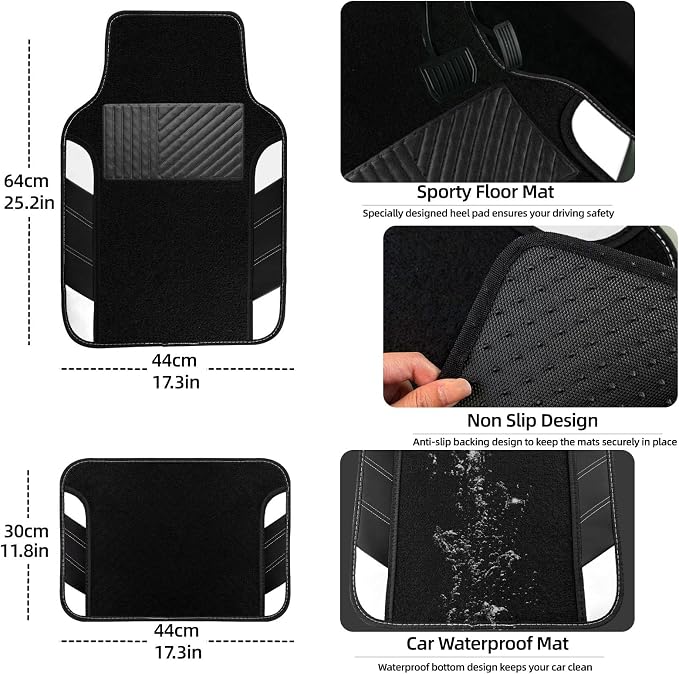 NBTEPEM 10 Pcs Car Floor Mats Full Set & Sport Leather Steering Wheel Cover 14.5-15 inch, Center Console Cover, Seat Belt Cushion, Cup Holder Coaster, Universal Automobile Interior Sets (White)