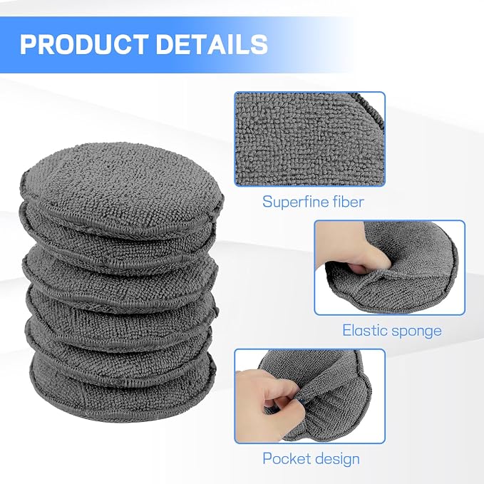 Hovom 6PCS Microfiber Wax Applicator, 5" Round Applicator Pads, Soft Automotive Waxing Foam Pads, Buffing Pads for Car Cleaning, Polishing and Detailing, Reusable Car Wash Sponge (Dark Gray)