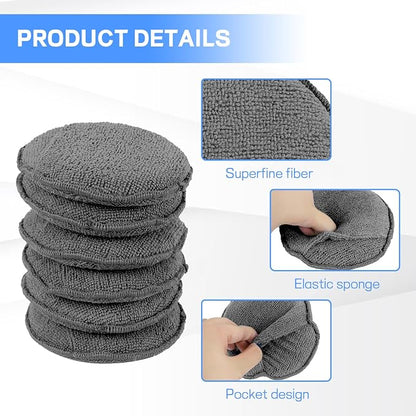 Hovom 6PCS Microfiber Wax Applicator, 5" Round Applicator Pads, Soft Automotive Waxing Foam Pads, Buffing Pads for Car Cleaning, Polishing and Detailing, Reusable Car Wash Sponge (Dark Gray)